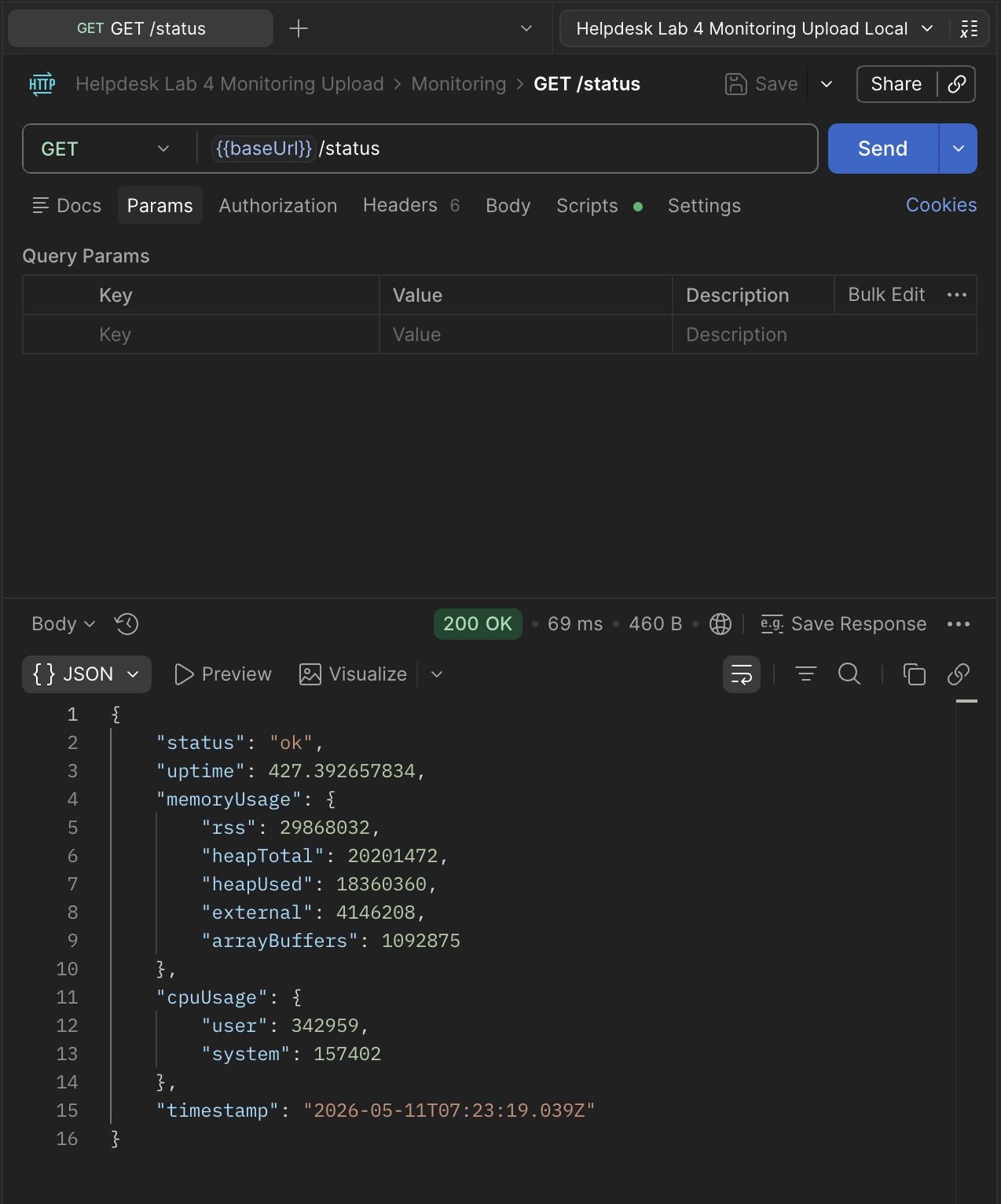 Перевірка маршруту GET status у Postman