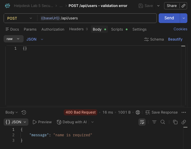 Помилка валідації користувача у Postman