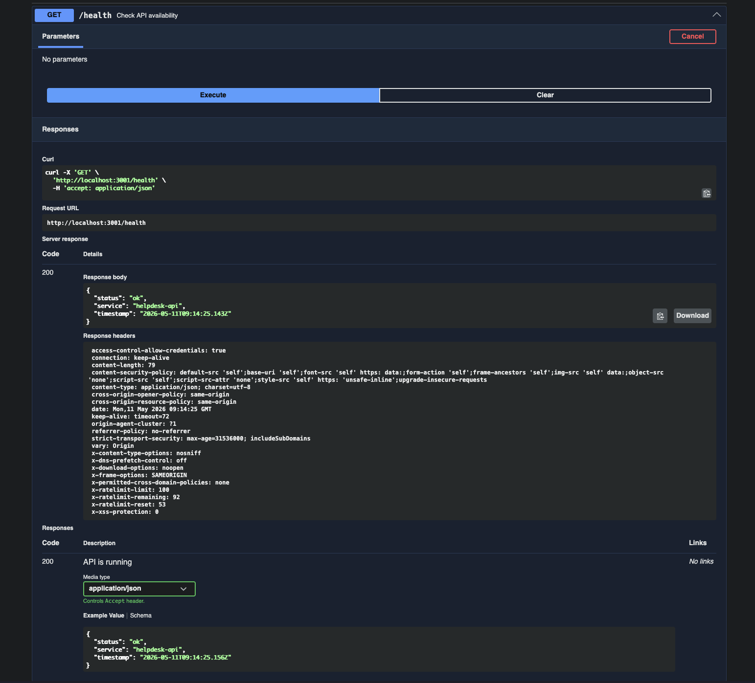Try it out для health endpoint у Swagger UI